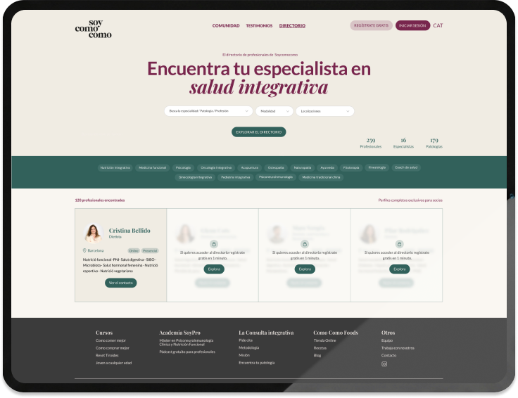 Vista del directorio de profesionales en un portátil